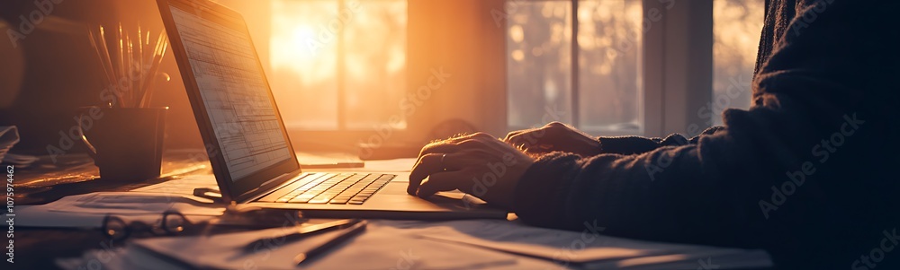 Poster a warm-lit office scene with a person using a laptop, surrounded by papers and a pen, capturing a pr