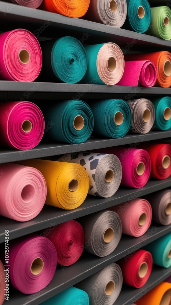 Poster a colorful array of fabric rolls displayed on shelves, showcasing various textures and vibrant color