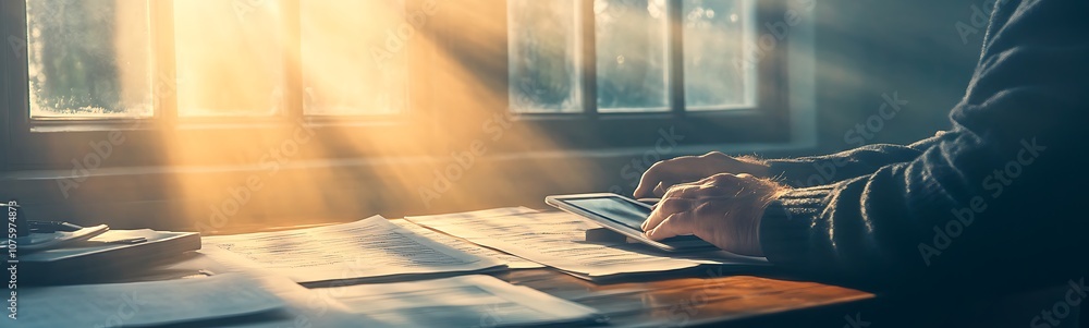Poster A serene workspace illuminated by sunlight, highlighting a person typing on a keyboard, surrounded by papers and a peaceful atmosphere.