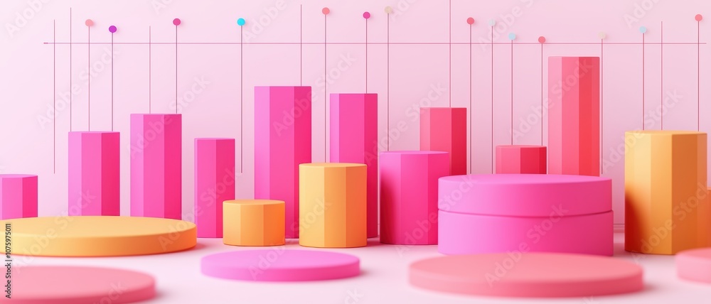Poster a vibrant display of colorful geometric shapes and bars in pink and yellow tones against a soft pink