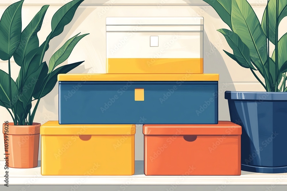 Poster neatly stacked hexagonal storage boxes on wooden shelf in minimalist home office