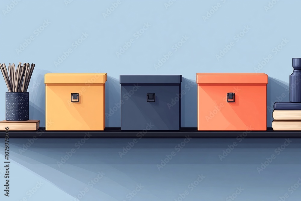 Aufkleber stacked hexagonal storage boxes on shelf in flat three color design