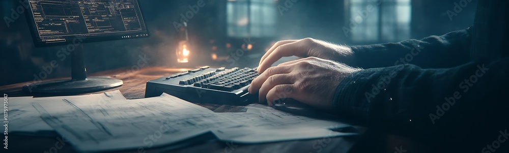Aufkleber A person typing on a vintage keyboard surrounded by soft light, creating a nostalgic ambiance and highlighting the beauty of traditional writing.