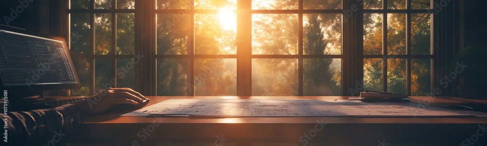 Poster a warm, sunlit scene shows a hand over a map on a wooden table, with soft light glowing through a wi