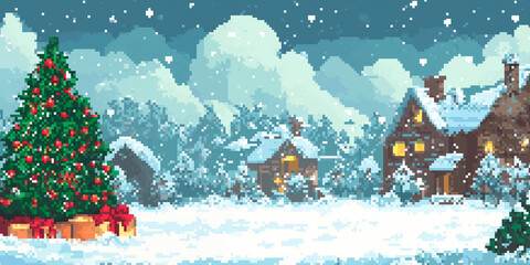Christmas, new year retro pixel art cozy mockup template with space for text. banner, header email, cover, flyer brochure invitation, greeting card. Trendy elegant modern design. Generative Ai content