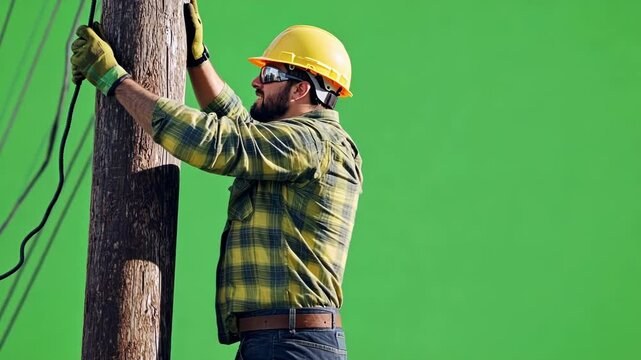Lineman wearing a hardhat and safety glasses is repairing power lines on a wooden utility pole, providing space for customization with the green screen background