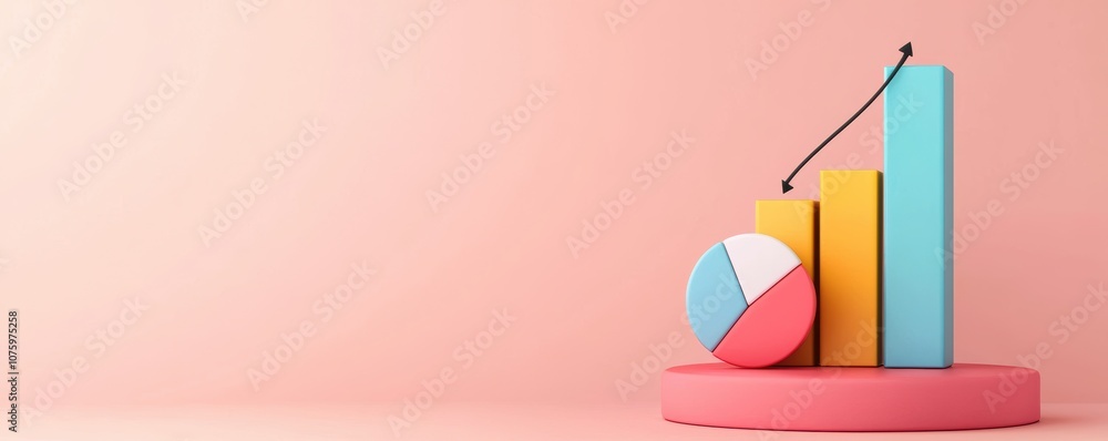 Poster a colorful 3d bar and pie chart representing statistical growth, set against a soft pink background,