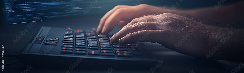 Aufkleber Hands typing on a laptop keyboard in a dark, illuminated environment, symbolizing technology, productivity, and digital communication.