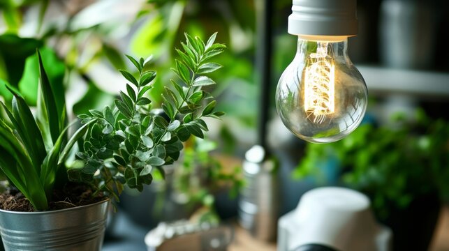 A close-up of a light bulb illuminating various green plants in decorative pots, creating a vibrant, cozy atmosphere. - Powered by Adobe