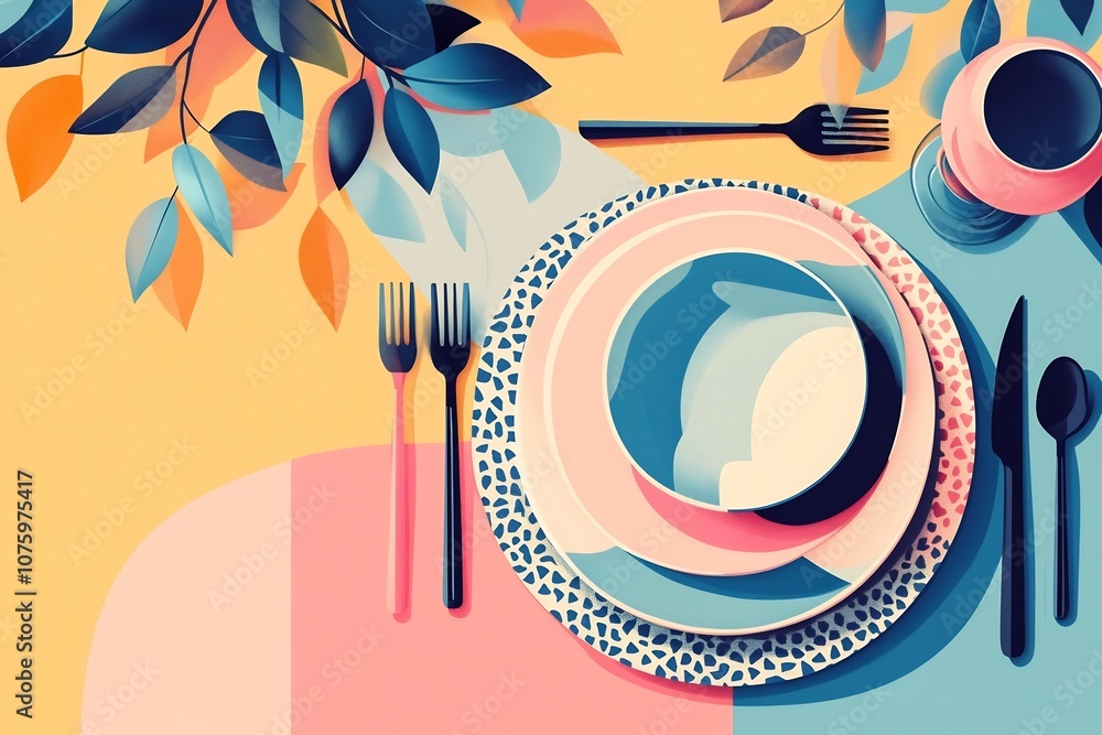 Poster overhead view of geometric tableware display on dining table in minimalist style