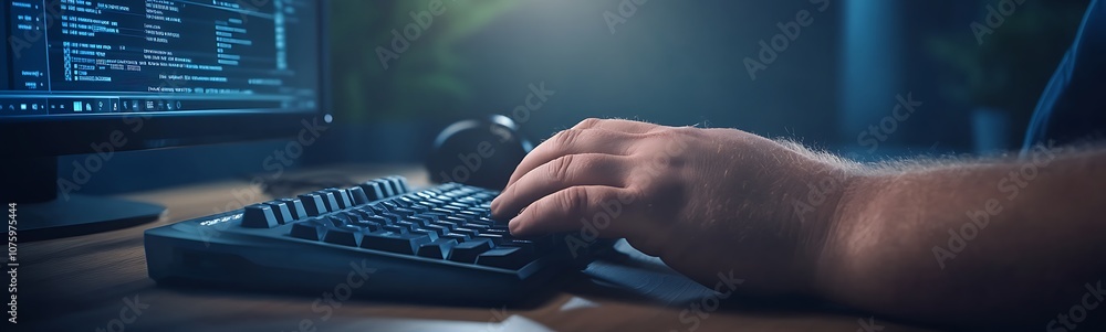 Poster A dark environment with a person typing on a computer keyboard, illuminated by the screen's glow, suggesting a focus on coding or data processing.
