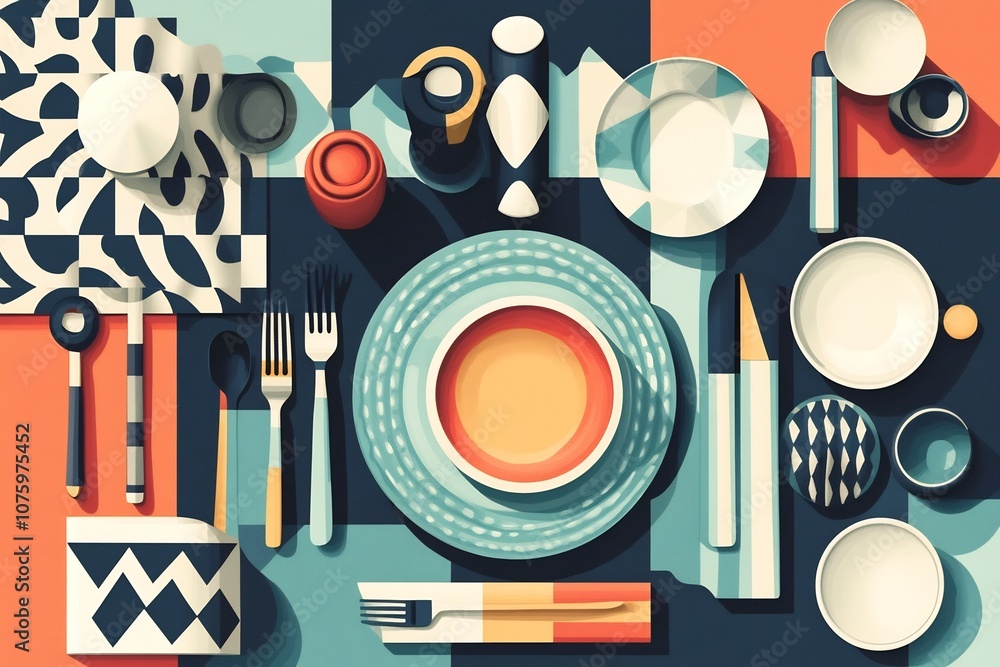 Poster overhead view of geometric tableware in flat style on a dining table in vibrant colors