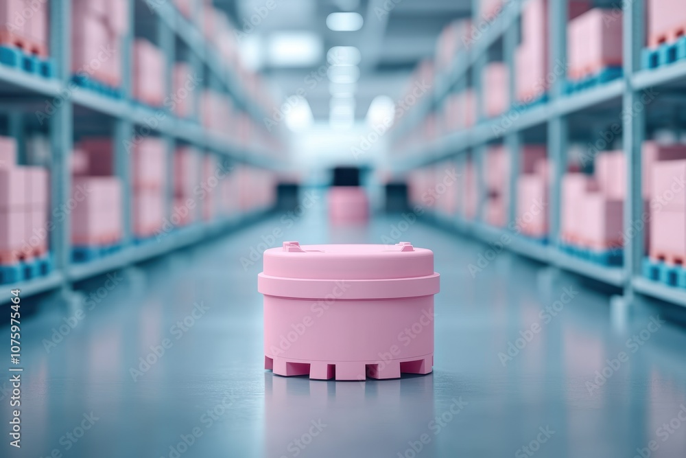 Poster a pink container sits centered in an expansive warehouse aisle lined with shelves filled with simila