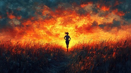 Fototapeta premium Silhouette of a Runner Against a Fiery Sunset