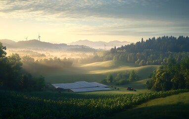 A serene landscape with rolling hills, a misty atmosphere, and a lush green valley, illuminated by soft morning light.