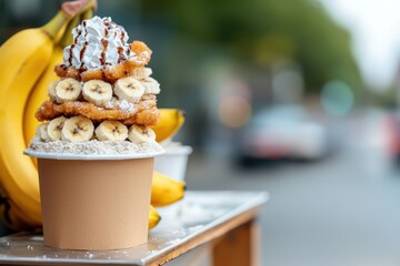 A towering dessert featuring bananas, whipped cream, and toppings, set against a blurred street scene with bananas in the background.