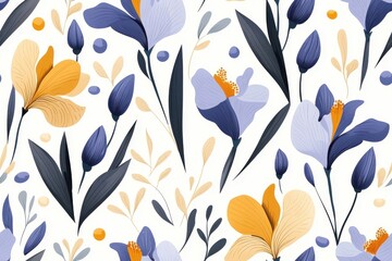 Flat style seamless pattern of irises, isolated on a white background.