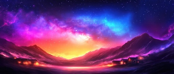 Breathtaking Galactic Sunset Over Serene Landscape with Mystical Colors of Pink, Purple, and Blue Creating a Dreamlike Atmosphere in the Night Sky