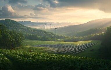 A serene landscape features rolling hills, a field of solar panels, and a dramatic sky, showcasing nature intertwined with renewable energy.