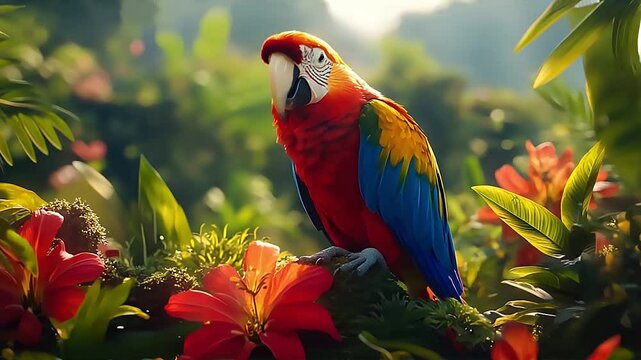Video clip a colorful parrot perched on a vibrant tropical flower, detailed texture of feathers, in a lush rainforest setting.