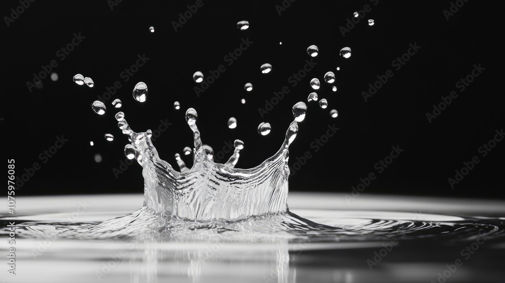 Poster stunning black and white photograph of water droplet splashing in still water creating beautiful bub