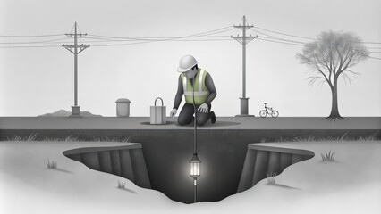 A worker inspecting a hole in the ground with a lantern