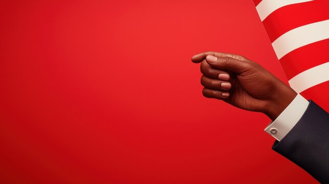 A close-up of a hand against a vibrant red background, with a striped element partially visible, suggesting themes of celebration or protest.