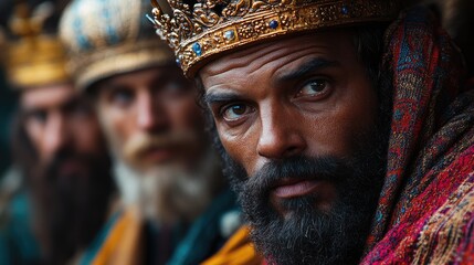 Fototapeta premium Gift bearers: three wise men representing diverse cultures and wisdom, traveling to present valuable offerings, reflecting importance of their roles in the nativity story and their enduring legacy.