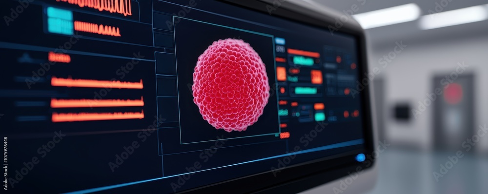 Poster a close-up of a digital screen displaying a red spherical graphic, likely representing a virus or ce