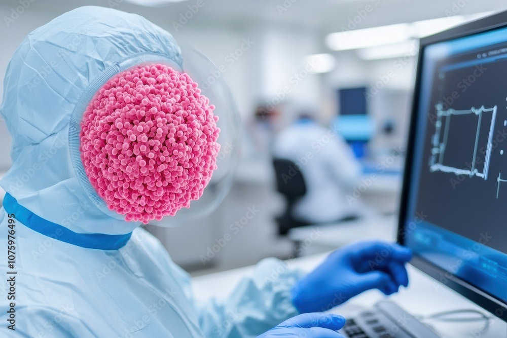 Poster a scientist in protective gear examines data on a computer, with a pink molecular structure as their