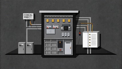 Naklejka premium A gray wall with electrical boxes and wiring.