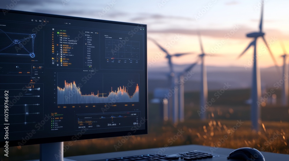 Poster a computer screen displays data analytics in front of wind turbines, highlighting the connection bet