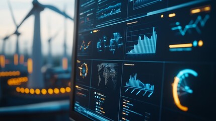 A futuristic dashboard displaying data analytics and graphs, with wind turbines in the background, emphasizing renewable energy and technology.