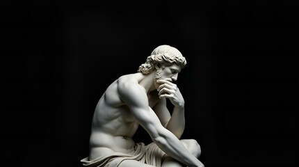 Obraz premium A stark, dramatic studio shot of a white marble statue of a thinking man, reminiscent of Rodin's 