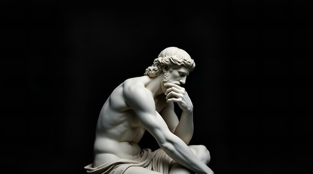 A stark, dramatic studio shot of a white marble statue of a thinking man, reminiscent of Rodin's "The Thinker," isolated against a deep black background