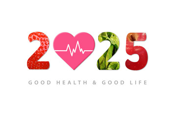 2025 Happy New Year for healthcare. Fruit and vegetables which make 2025 number isolated on white...