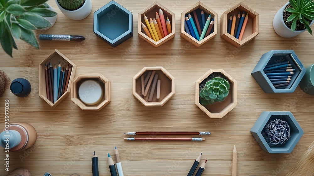 Poster overhead view of organized modern workspace with hexagonal pencil holders