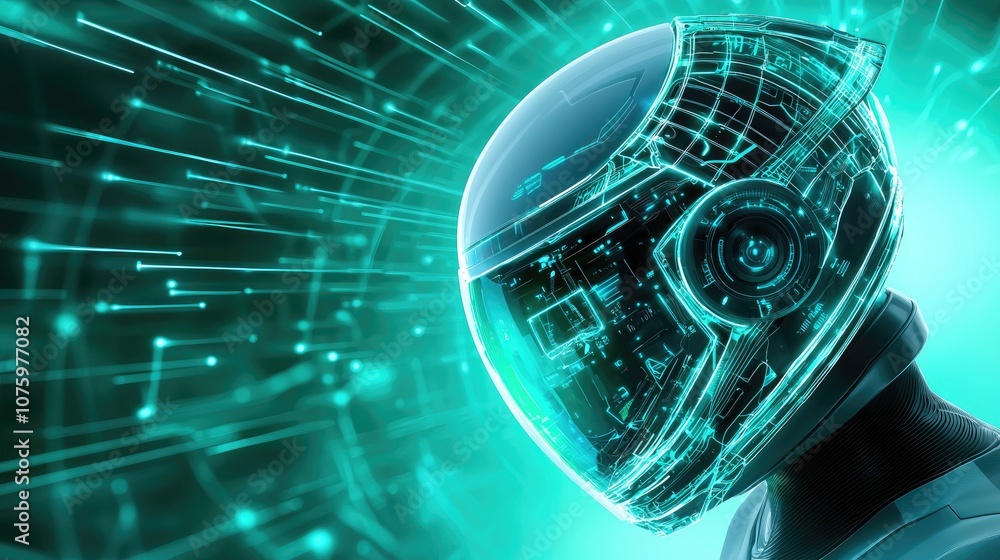 Aufkleber futuristic cybernetic helmet with glowing digital elements and tech background, representing advance