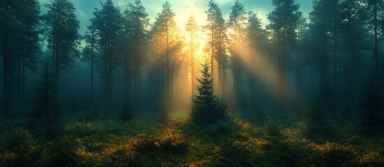Obraz premium Sunrays in a Misty Forest