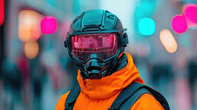 Futuristic Urban Warrior in Neon Cityscape, Wearing High-Tech Helmet and Bright Jacket, Blurring Background of People and Colorful Lights, Sci-Fi Concept - Powered by Adobe