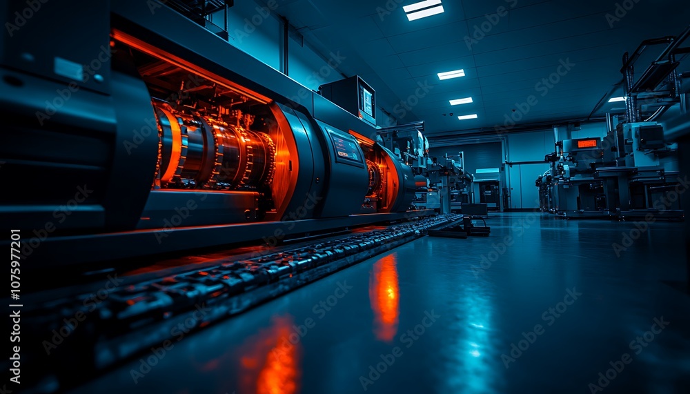 Poster A dark industrial environment featuring a large machine with glowing components, emphasizing technology and engineering precision.