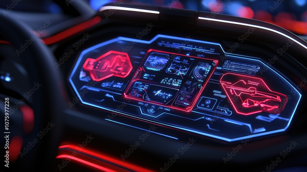 Poster futuristic dashboard with high-tech display and neon accents, showcasing advanced technology feature