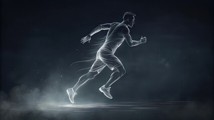 A White Line Drawing of a Male Athlete Running in a Dark Background