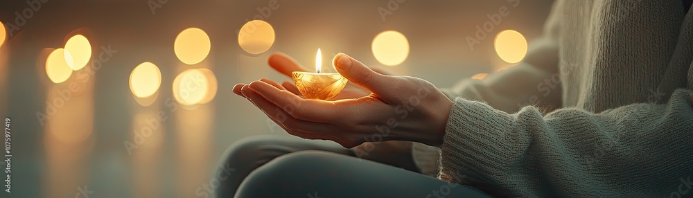 Poster serene moment of reflection with a lit candle in a hand, soft warm glow from surrounding lights, emp