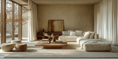 Minimalist living room with a white sectional sofa, a wooden coffee table and large windows.