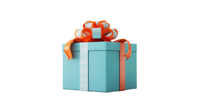 3D render of a blue gift box with an orange ribbon, featuring realistic textures and vibrant colors with white background