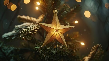 Detailed close-up of a Christmas tree topper star. Holiday magic, festive celebrations, the spirit of Christmas,hope, joy,warmth, togetherness, family traditions, winter holiday