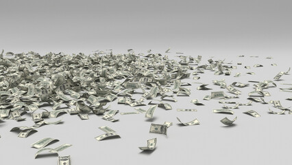 lot of us dollar bill on the floor, with gray background 3d rendering illustration
