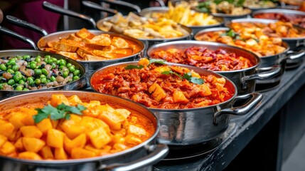 Colorful Array of Delicious Dishes Displayed in Stainless Steel Pots at a Buffet Restaurant, Featuring Vibrant Vegetables and Rich Sauces