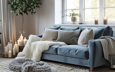Fototapeta premium Warm living room with a blue couch and white fur blanket near candles in a cozy stylish winter decor